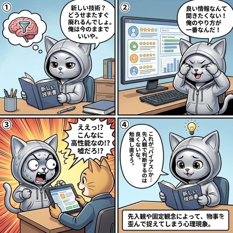 デプロイ太郎が、新しい技術に対する自身の先入観(バイアス)に気づき、認識を改める様子を描いた4コマ漫画。