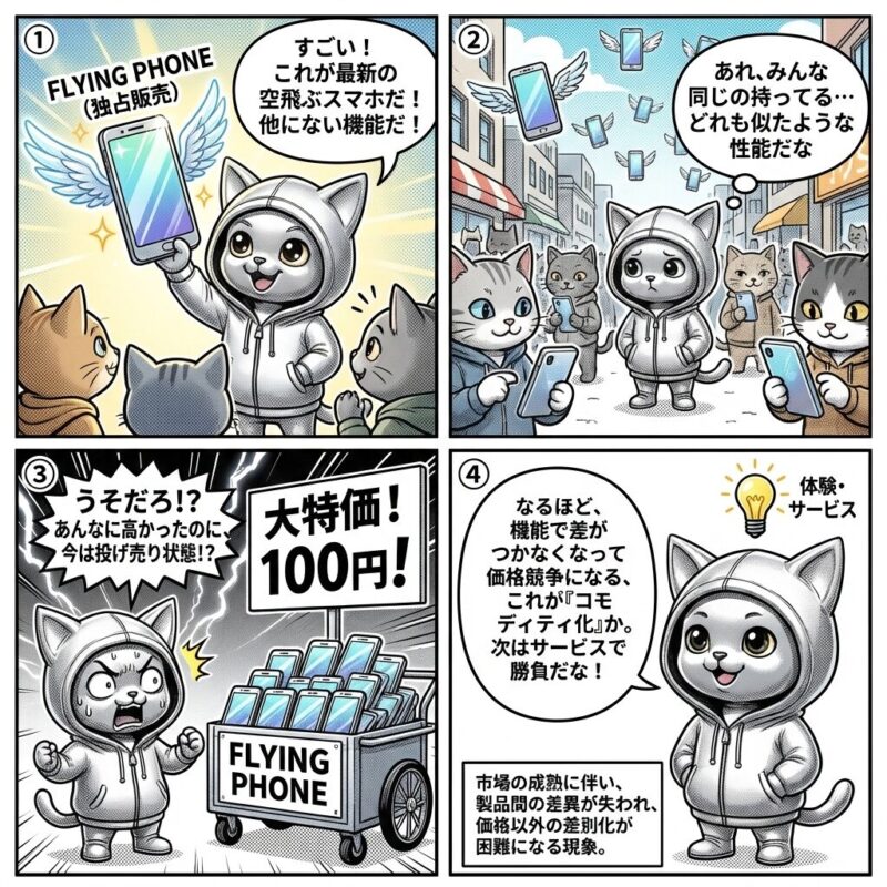 デプロイ太郎が、最新の空飛ぶスマホが普及し、機能差がなくなり価格競争に陥る「コモディティ化」の過程を体験する4コマ漫画。
