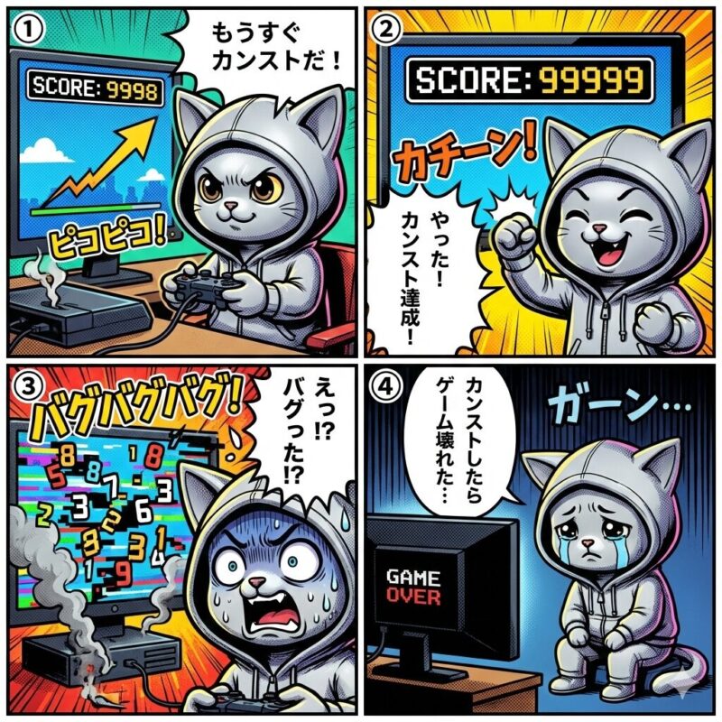 ゲームのスコアをカンスト(カウンターストップ)させた銀色の猫のキャラクターが、その直後にゲーム機がバグって故障し、絶望する様子を描いた4コマ漫画。