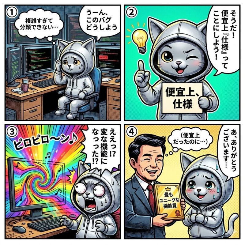 「便宜上」をテーマにした4コマ漫画。プログラマーの猫が、複雑なバグを便宜的に「仕様」と定義した結果、それが予期せぬユニークな機能として高く評価されてしまう様子をコミカルに描いている。