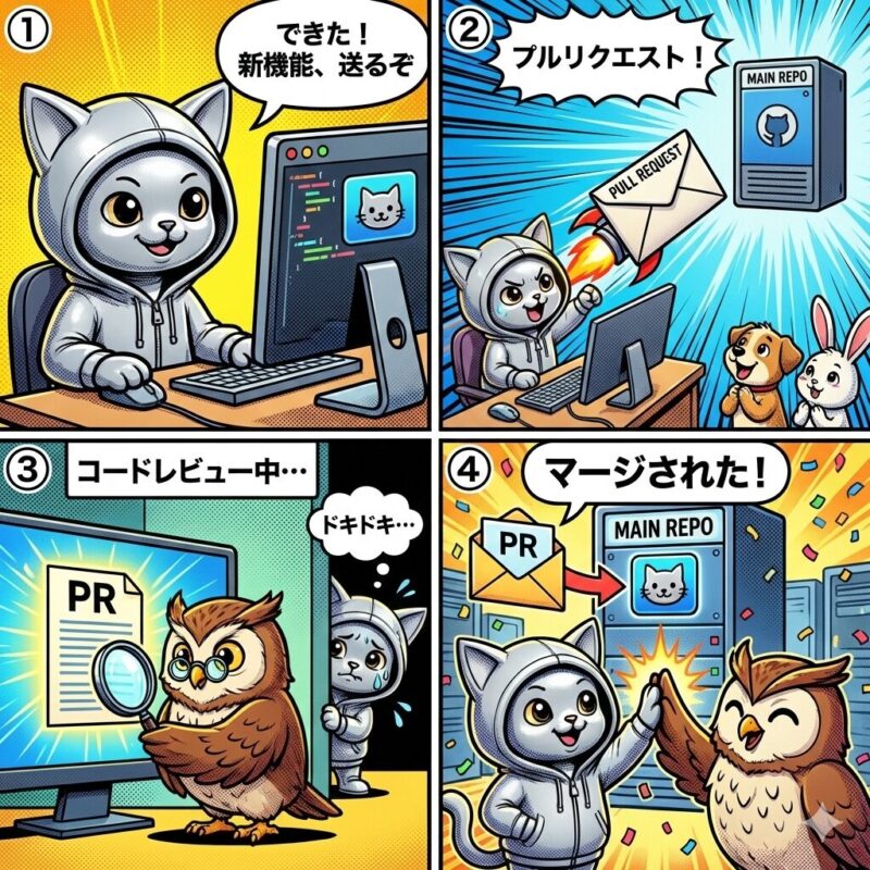 プルリクエストのプロセスを描いた4コマ漫画。銀色の猫がコードを作成し、レビューを経てメインリポジトリにマージされるまでをコミカルに表現している。