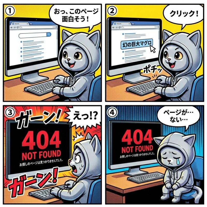 ウェブサイト閲覧中に目的のページが存在せず、404 Not Foundエラーが表示されて落胆する猫のキャラクターを描いた4コマ漫画。