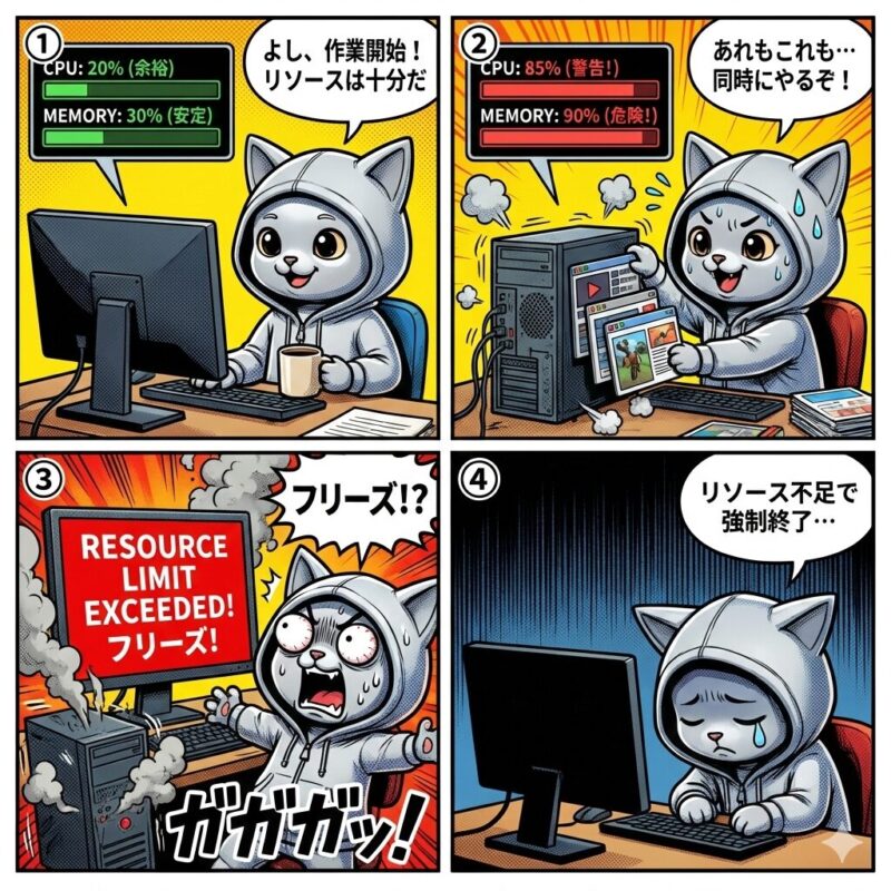 「リソース」をテーマにした4コマ漫画。作業開始時は十分だったコンピュータの計算資源が、複数のタスクを同時に実行したことで枯渇し、最終的にフリーズして強制終了してしまう様子をコミカルに描いている。