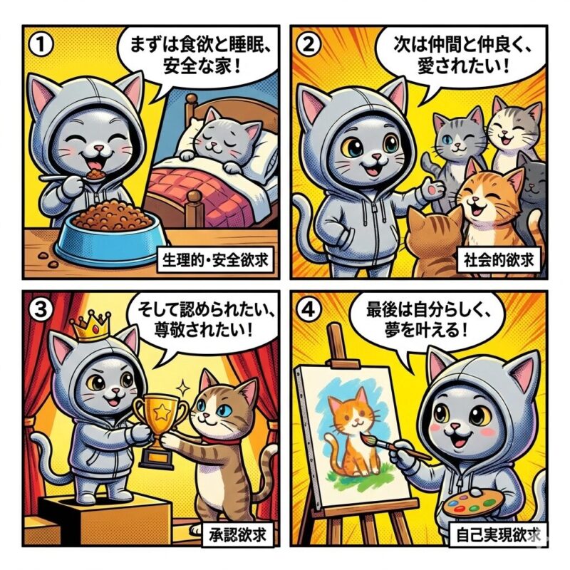 マズローの欲求5段階説をテーマにした4コマ漫画。銀色の猫のキャラクターが、生理的・安全欲求から始まり、社会的欲求、承認欲求を経て、最終的に自己実現欲求を満たしていく過程を段階的に描いている。