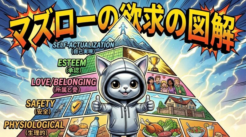 生理的欲求(十分な休息)、安全の欲求(安定した雇用)、社会的欲求(チームへの帰属意識)、承認欲求(評価や称賛)、自己実現の欲求(理想の追求)のピラミッドになっているマズローの欲求