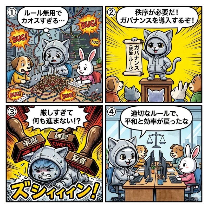 「ガバナンス」をテーマにした4コマ漫画。ルール無用のカオスな開発現場にガバナンスを導入した結果、過剰な管理プロセスで一時的に業務が停滞するが、最終的に適切なルール運用により秩序と効率が回復する様子を描いている。