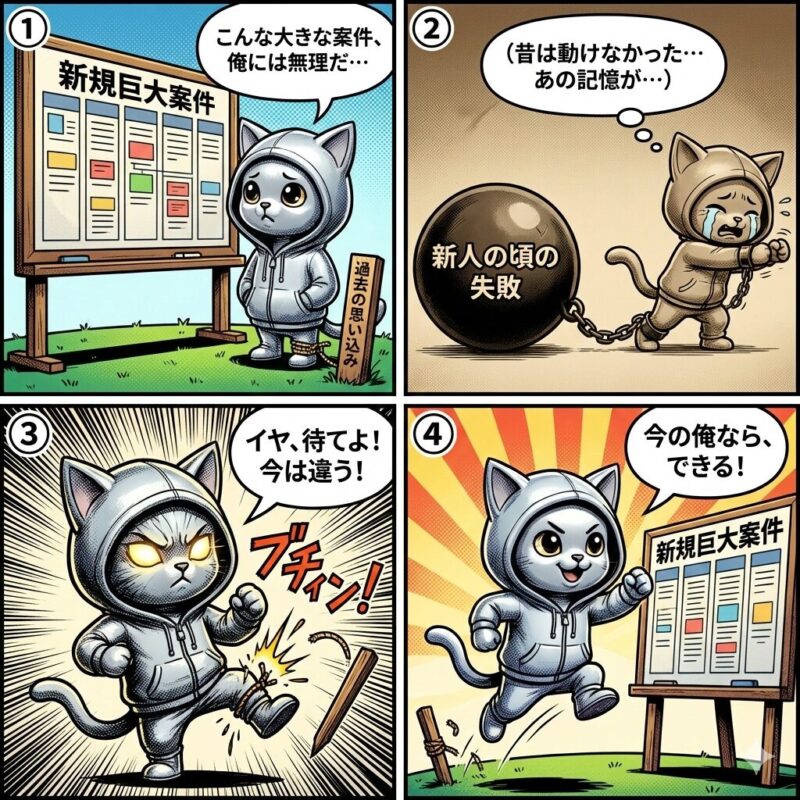 「サーカスの象理論」をテーマにした4コマ漫画。過去の失敗経験に基づく思い込みの鎖に縛られていた銀色の猫のキャラクターが、自らの力でその鎖を断ち切り、自信を持って新たな挑戦に向かう様子を描いている。