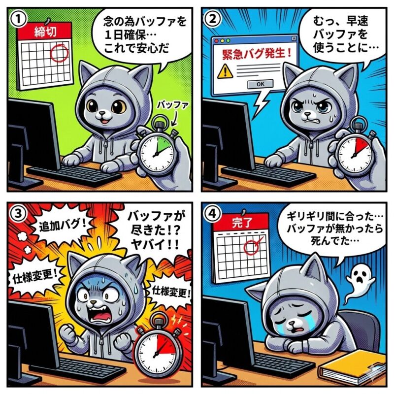 時間的な「バッファ(余裕)」をテーマにした4コマ漫画。銀色の猫のキャラクターが、予期せぬトラブルで確保していたバッファを使い果たしながらも、ギリギリで締切に間に合う様子をコミカルに描いている。