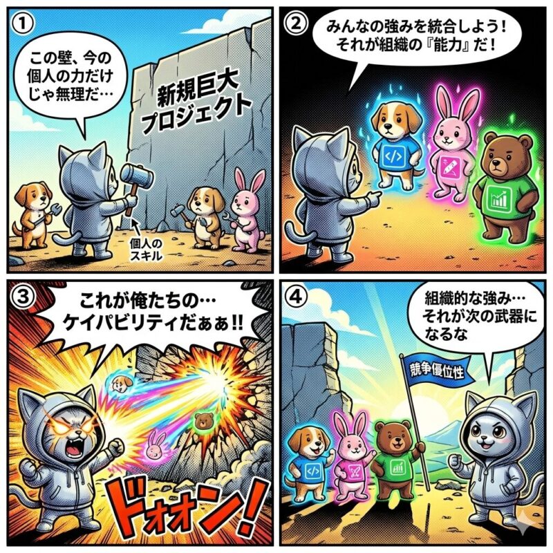 「ケイパビリティ(組織的能力)」をテーマにした4コマ漫画。個人のスキルだけでは解決できない巨大な課題を、チームメンバーそれぞれの強みを統合した組織全体の能力によって克服し、競争優位性を確立する様子を描いている。