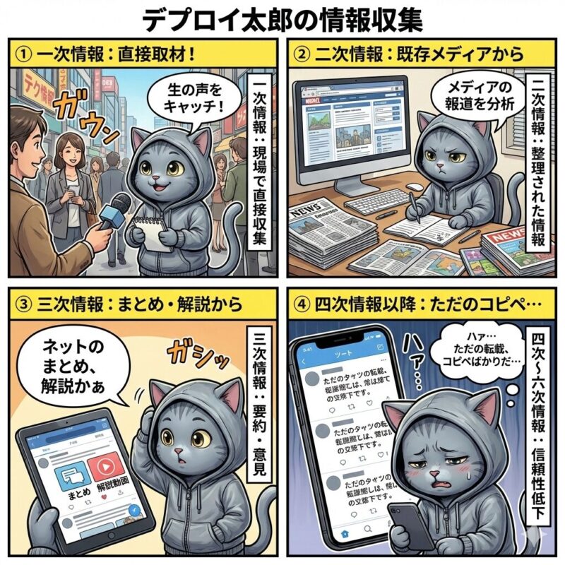 一次情報:直接取材、二次情報:既存メディア、三次情報:まとめ、解説サイト、四次情報以降:ただのコピペを見て呆れるデプロイ太郎
