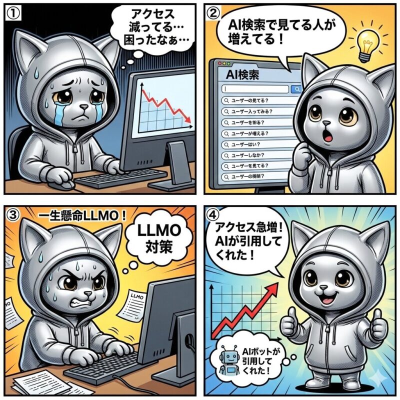 サイトのアクセスが減ってきて困ったので、LLMOを一生懸命した結果、アクセスが増えて喜ぶデプロイ太郎