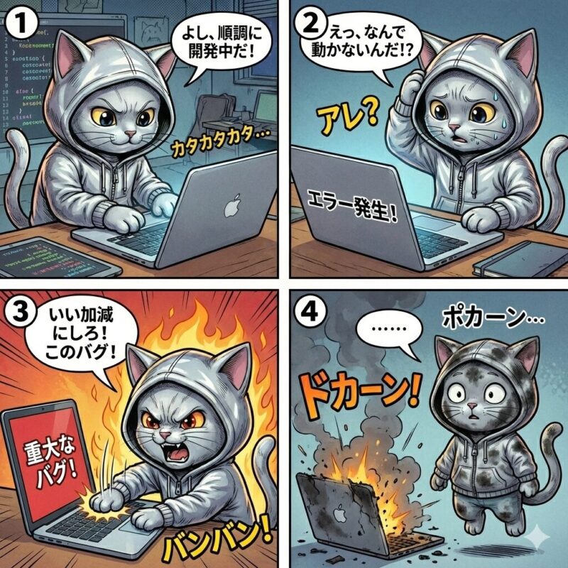 開発してエラー発生に困り、バグに怒り最後にMacbookが爆発してしまうデプロイ太郎