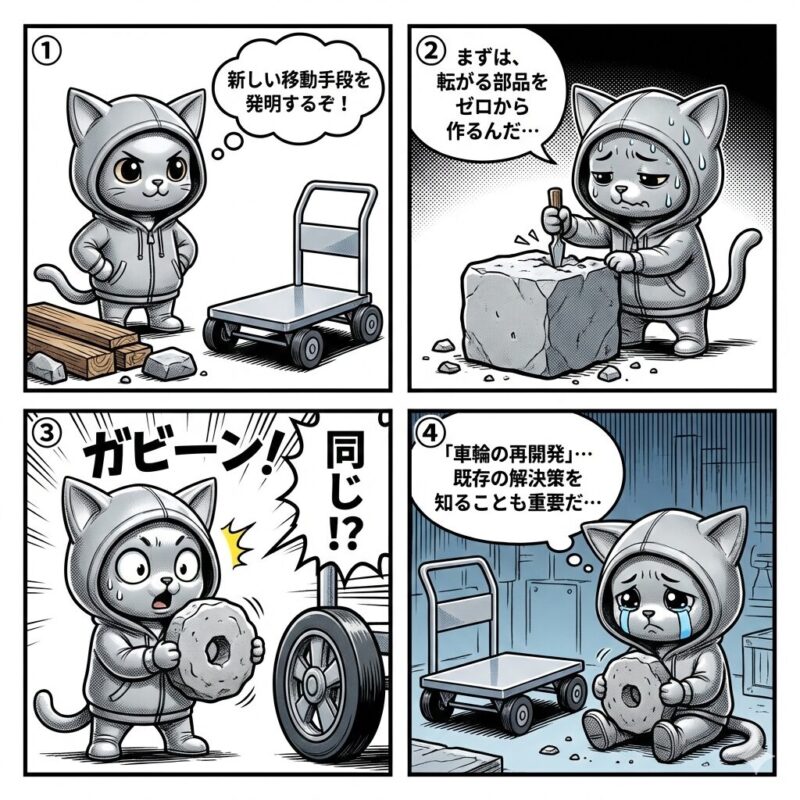 デプロイ太郎が「車輪の再開発」の愚かさを学ぶ4コマ漫画。既存の解決策を知らずに無駄な努力をして後悔する様子を描く。