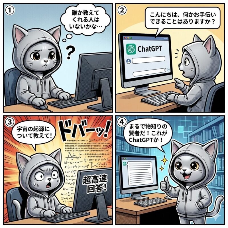 デプロイ太郎がChatGPTを初めて体験し、その賢さと回答速度に驚き感動する様子を描いた4コマ漫画。