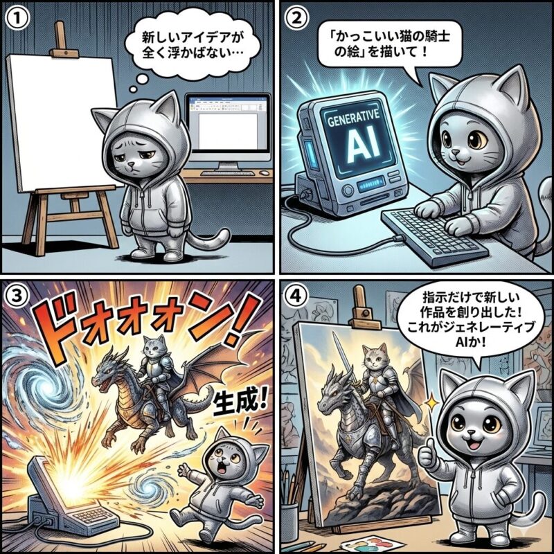 デプロイ太郎がジェネレーティブAIを使って創作活動を行う4コマ漫画。アイデアが出ない状況からAIに指示を出し、新しい作品を生成するまでの過程を描く。