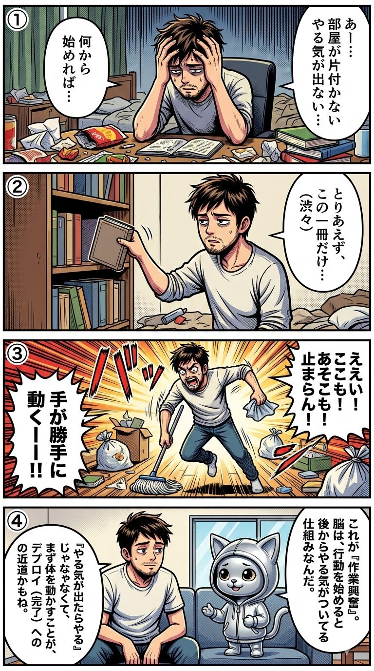 散らかった部屋に悩む男性が、小さな片付けを始めたことでやる気が湧き、部屋を一気に掃除する作業興奮のメカニズムを描いた4コマ漫画。