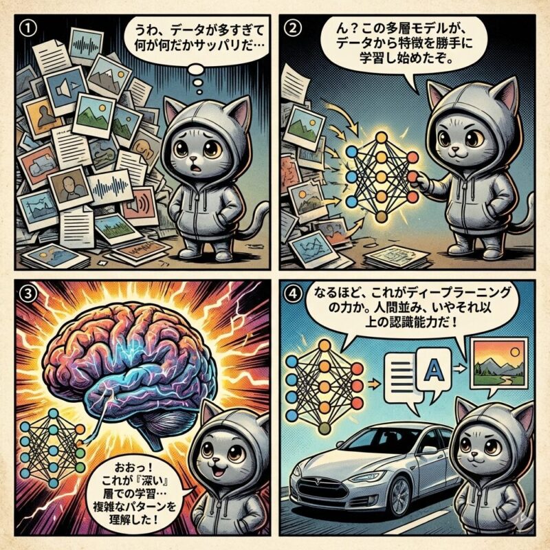 デプロイ太郎が膨大なデータからディープラーニングの仕組みと応用を理解する4コマ漫画。