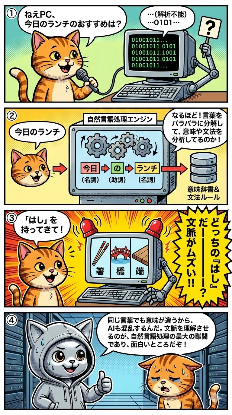 自然言語処理の仕組みと、AIが言葉の曖昧性や文脈理解に苦戦する様子を描いた4コマ漫画