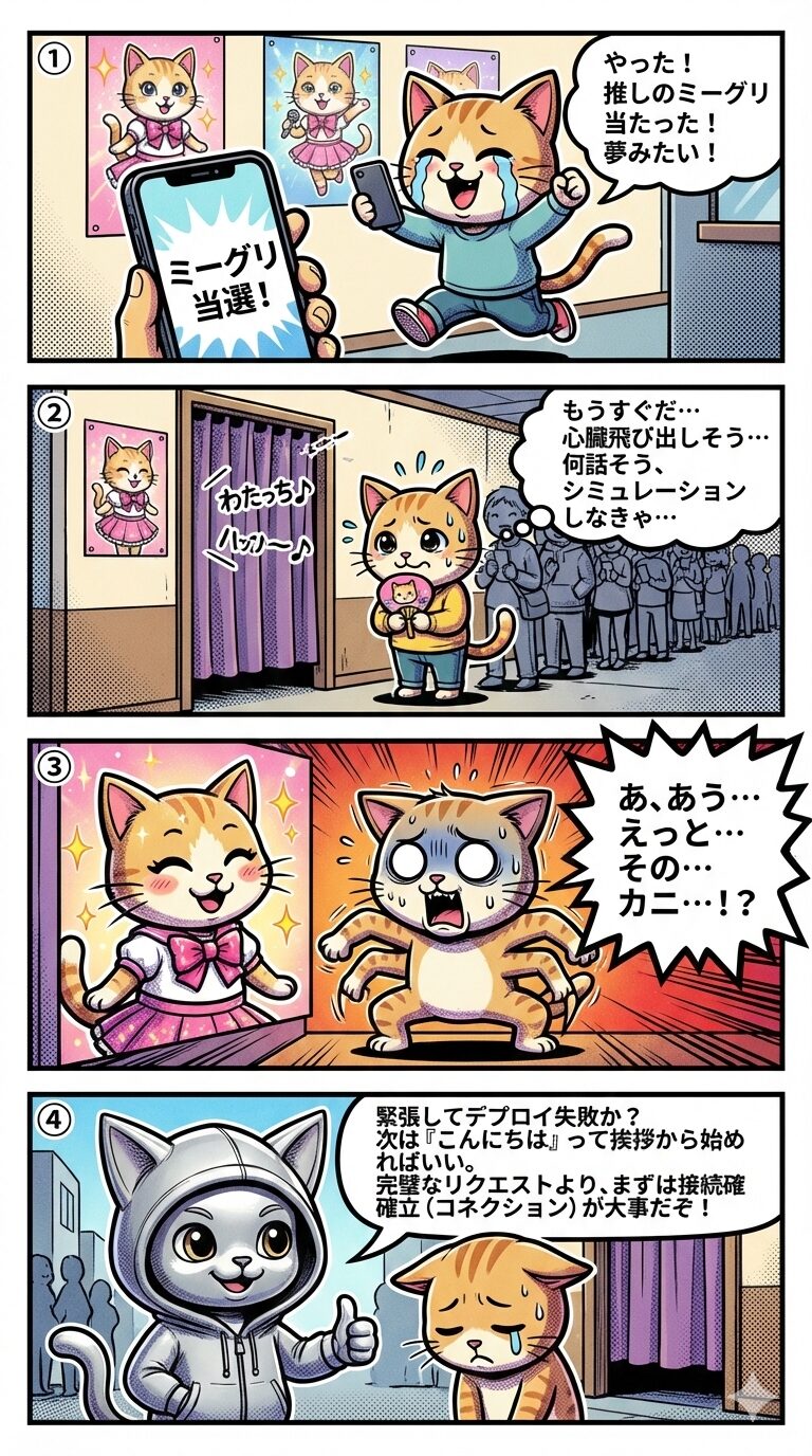 ミーグリ当選の喜びから本番での極度の緊張による失敗、そしてIT用語を交えたアドバイスまでを描いた4コマ漫画