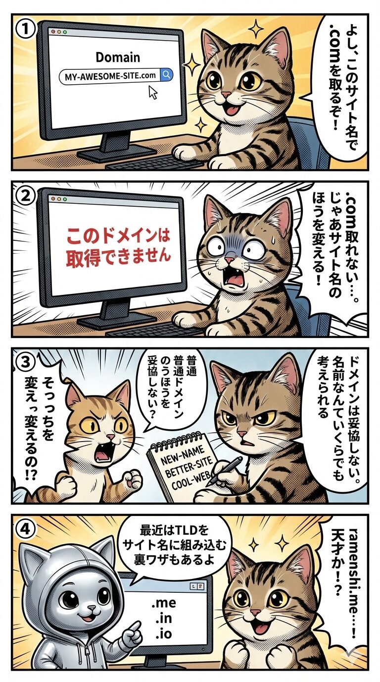 ドメインにこだわりすぎてサイト名を変更する猫と新しいTLD活用法を教えるデプロイ太郎の漫画。