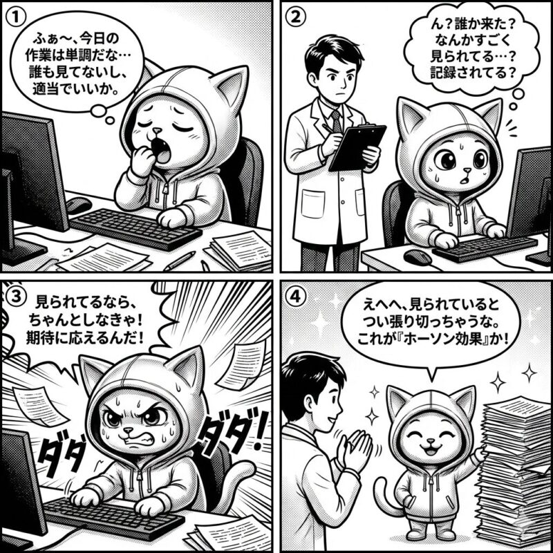 デプロイ太郎が、他人に見られていることを意識して作業意欲が向上し、成果を上げる「ホーソン効果」を解説する4コマ漫画。