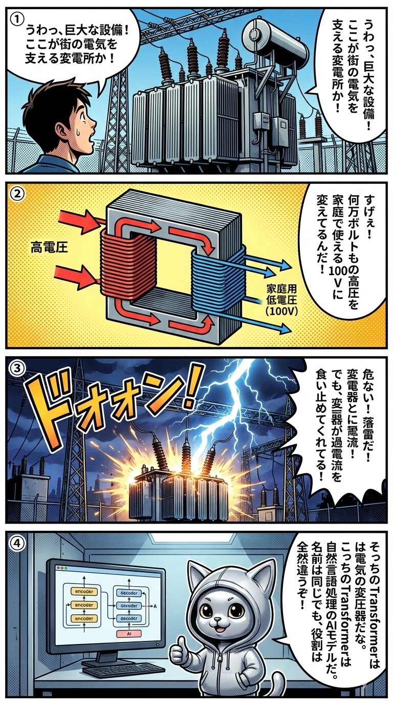 電気設備の変圧器とAIモデルのTransformerという同名の異なる技術を対比させた4コマ漫画