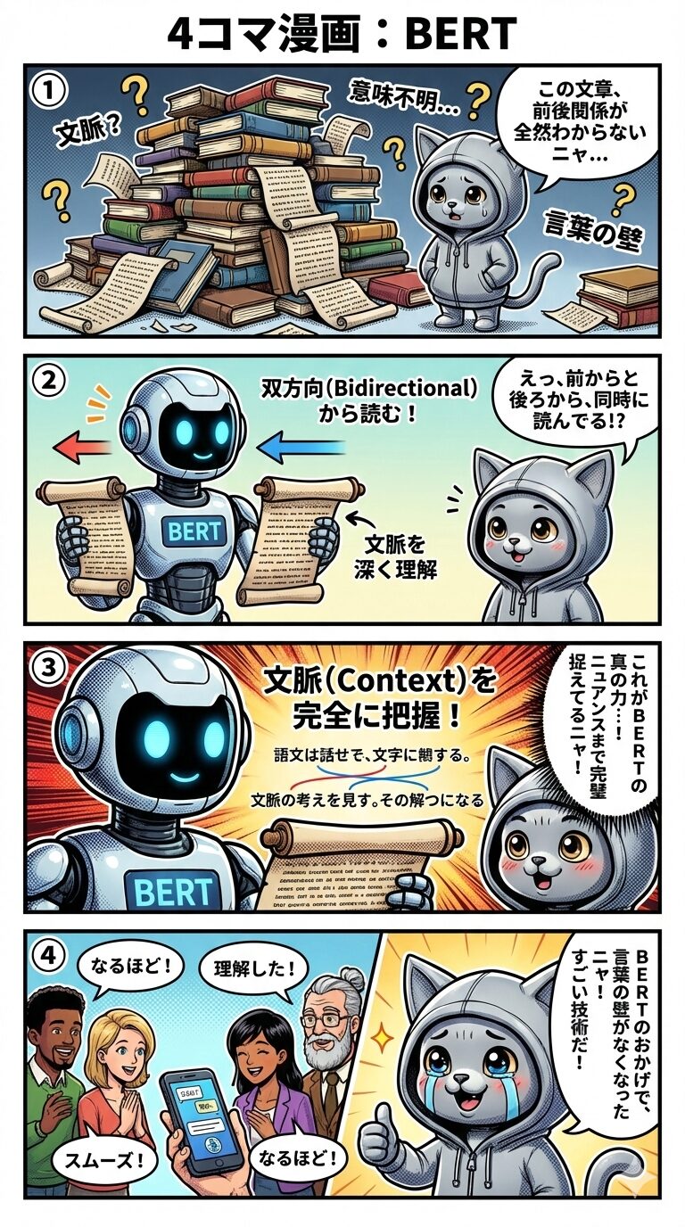 BERTが文章の文脈を双方向から理解し、言語の壁を解消する様子を描いた4コマ漫画。
