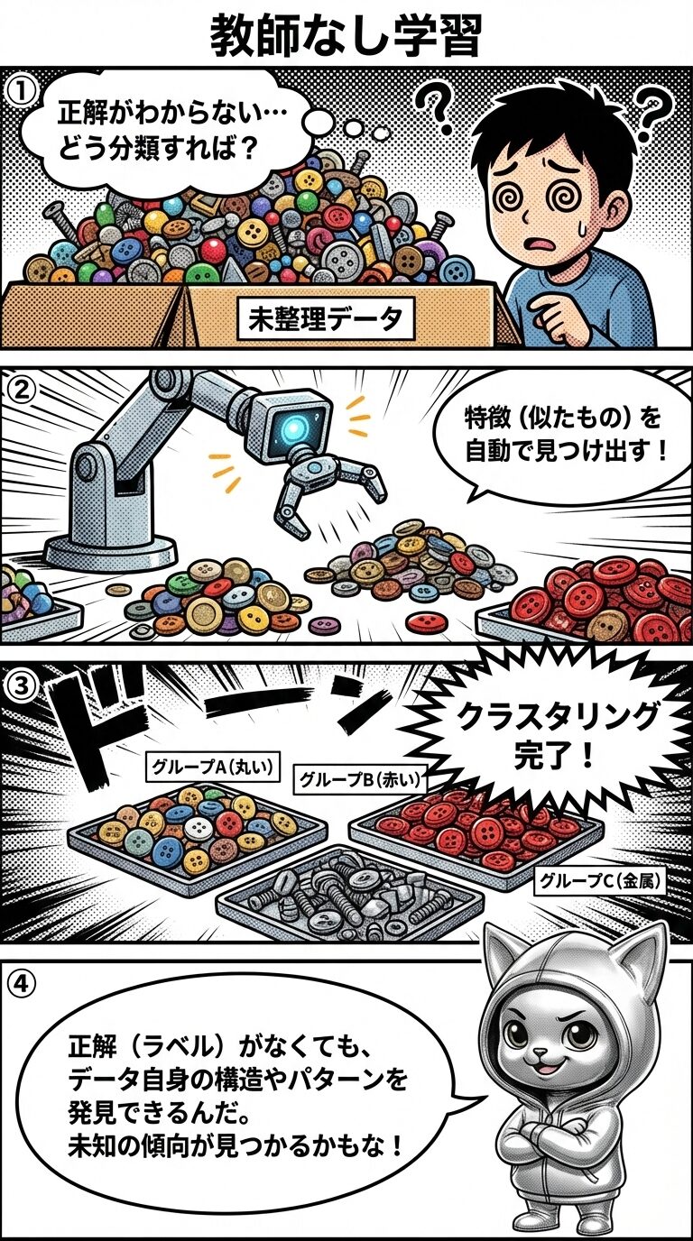 正解ラベルのない雑多なデータを、AIが特徴に基づいて自動的にクラスタリング(グループ分け)する様子を描いた教師なし学習の解説4コマ漫画。
