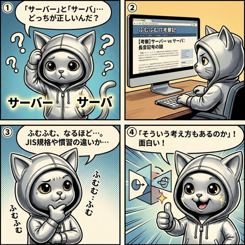 デプロイ太郎が「サーバー」と「サーバ」の表記の違いについて疑問を持ち、IT考察記というサイトで調べて、JIS規格や慣習による違いであることを理解する4コマ漫画。