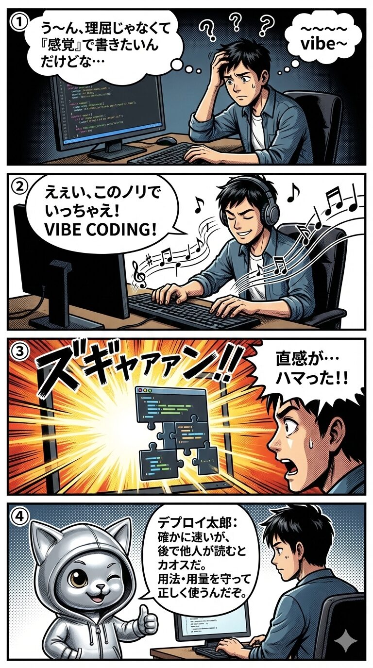 感覚的にコードを書くバイブコーディングの爆発的な生産性と、その裏にある属人化リスクを描いた4コマ漫画事例。
