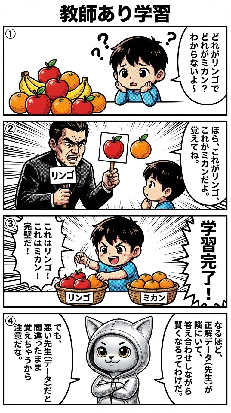 教師あり学習の仕組みを、果物の仕分けを教える先生と生徒、そしてデプロイ太郎の解説で表現した4コマ漫画。