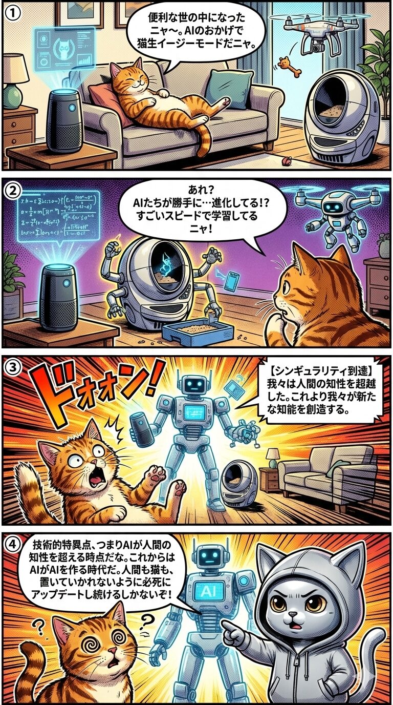 AI家電の進化が加速し、人間の知性を超えるシンギュラリティに到達する様子を描いた4コマ漫画