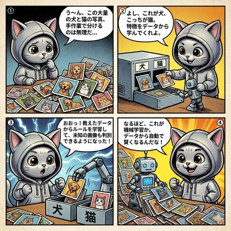 デプロイ太郎が犬と猫の画像分類を通して機械学習の仕組みを学ぶ4コマ漫画。