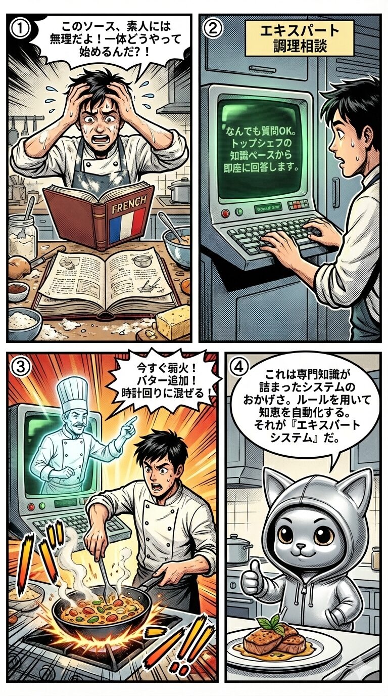熟練者の膨大な知見をルール化して蓄積し、専門外の人間でも最適な判断を下せるように支援するエキスパートシステムの仕組みを解説する4コマ漫画。