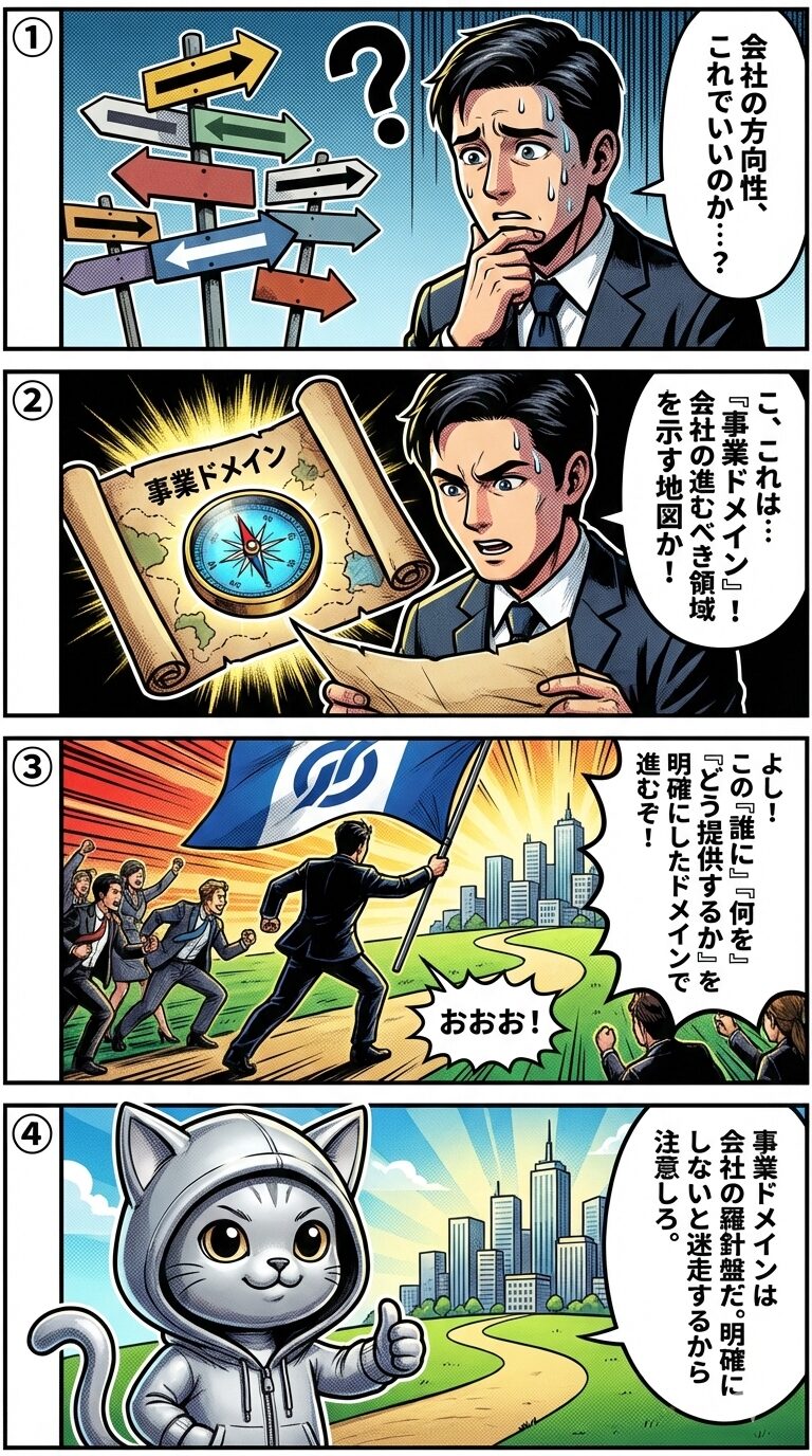 企業の方向性が定まらない状態から、事業ドメインを定義することで進むべき領域が明確になり、成功へと進む様子を描いた4コマ漫画。