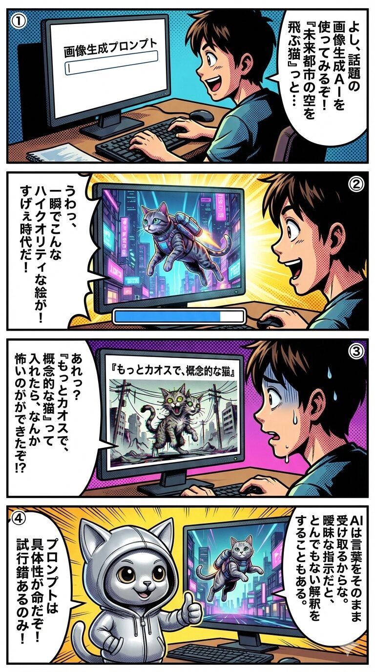 プロンプトの具体性が画像生成AIの出力結果を左右することを示す成功と失敗の4コマ漫画