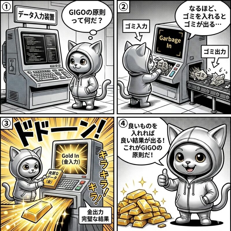 デプロイ太郎が「GIGOの原則」を学ぶ4コマ漫画。悪い入力からは悪い結果が、良い入力からは良い結果が生まれることを解説。