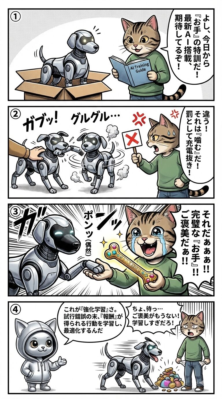強化学習の基本原理である試行錯誤と報酬による行動最適化のプロセスを、ロボット犬の訓練と予期せぬ暴走という事例で解説する4コマ漫画。
