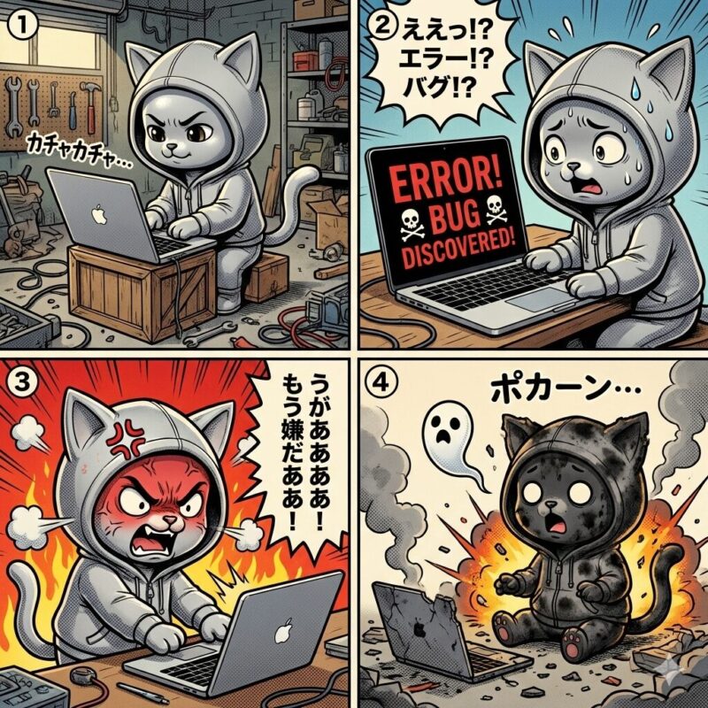 デプロイ太郎がガレージでの開発中に致命的なエラーとバグに遭遇し、激怒のあまり爆発して放心状態になる様子を描いた4コマ漫画。