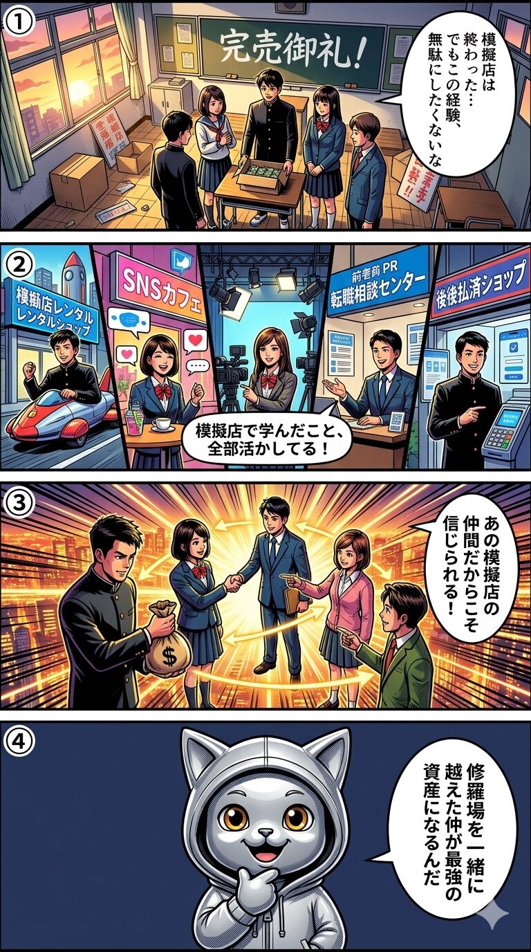 ペイパルマフィアの成り立ちを学園祭の模擬店に例え、共に修羅場を越えた仲間が互いに支援し合い成功する流れを4コマ漫画で解説するイラスト