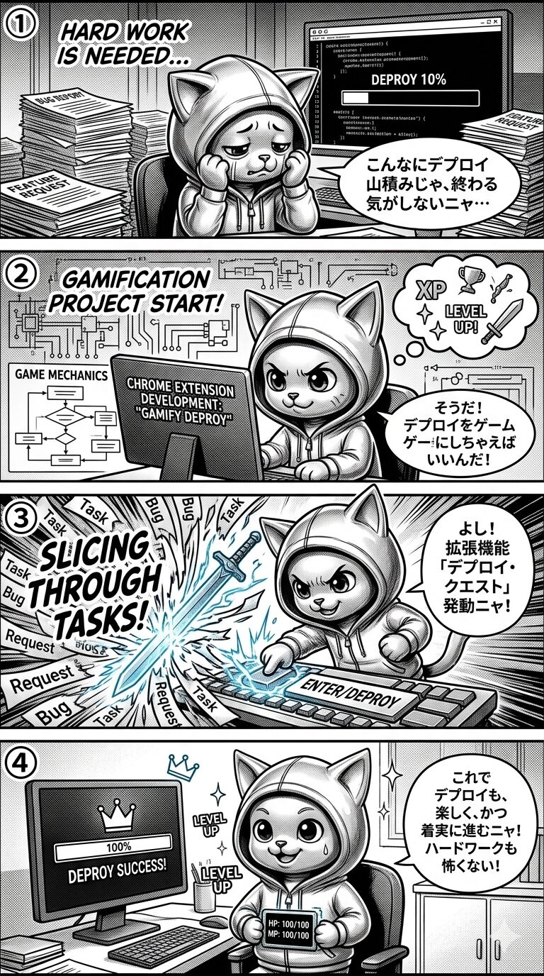 開発者がデプロイ作業の過多による精神的負担を、ゲーミフィケーション要素を取り入れた自作のChrome拡張機能によって解消し、生産性とモチベーションを大幅に向上させる過程を描く4コマ漫画。