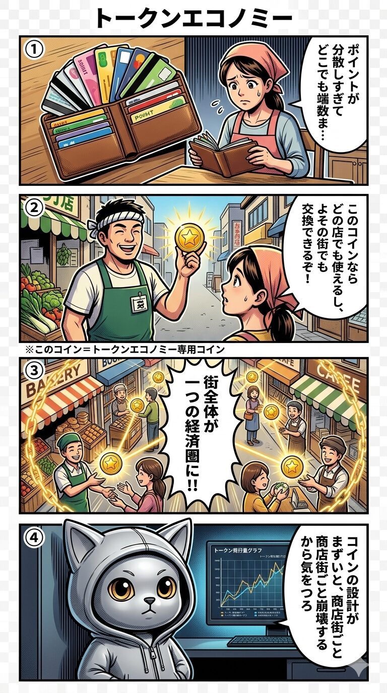 トークンエコノミーの仕組みを商店街の共通コインに例え、サービスの壁を越えた経済圏と設計リスクを描いた4コマ漫画
