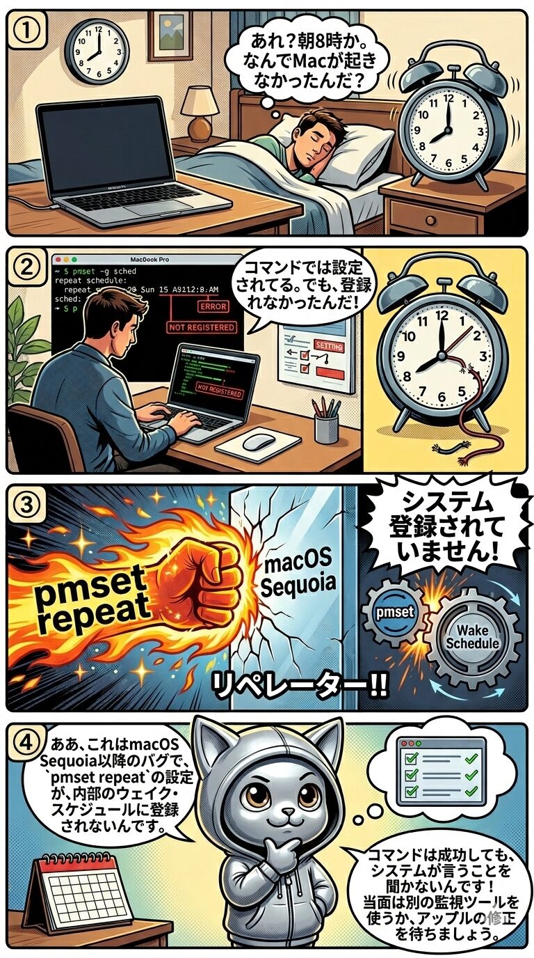 macOS Sequoia以降で、pmset repeatコマンドによるWakeスケジュール設定が内部システムに正しく登録されず、指定時間にMacが起動しないという重大なバグを示す4コマ漫画。