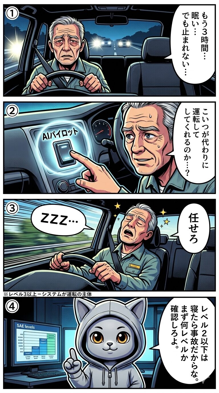疲弊したドライバーが自動運転に命を預けるまでの4コマ漫画。レベルの違いで変わる責任の所在を描いている。