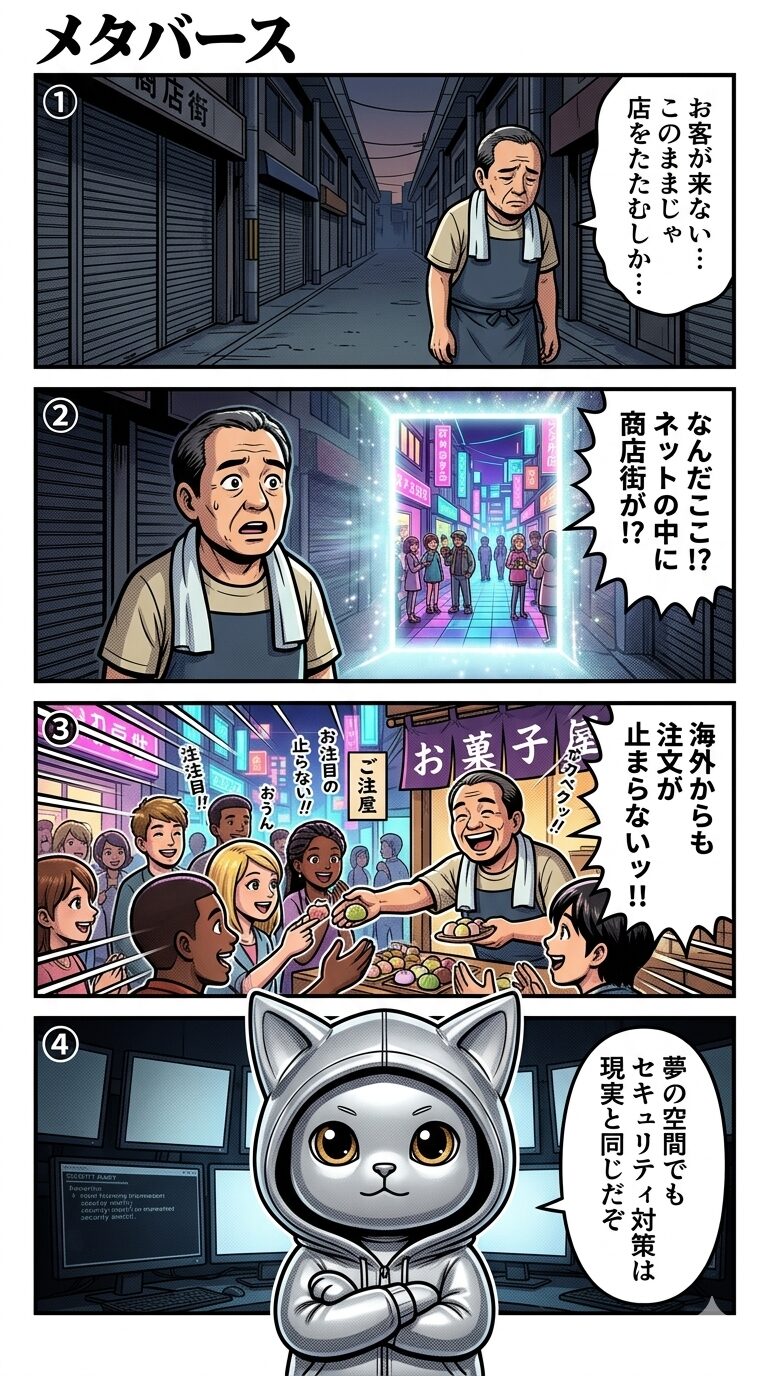 メタバースの活用メリットを商店街の復活に例えた4コマ漫画。閑散とした商店街の店主が仮想空間に出店し、世界中から客が殺到する様子と、セキュリティ対策の重要性を描いたイラスト