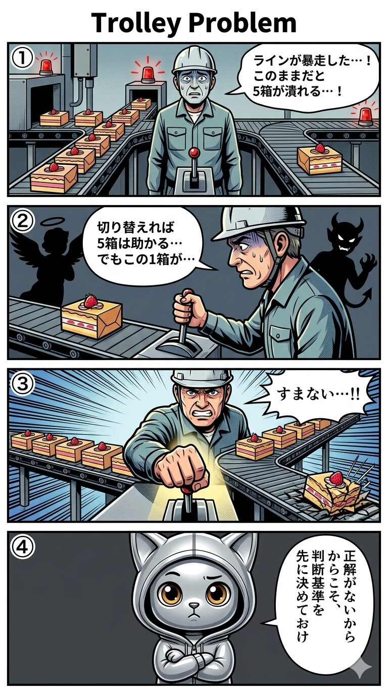 トロッコ問題の倫理的ジレンマをお菓子工場の暴走ラインに例え、多数を救うか少数を犠牲にするかの判断の難しさを4コマ漫画で解説するイラスト