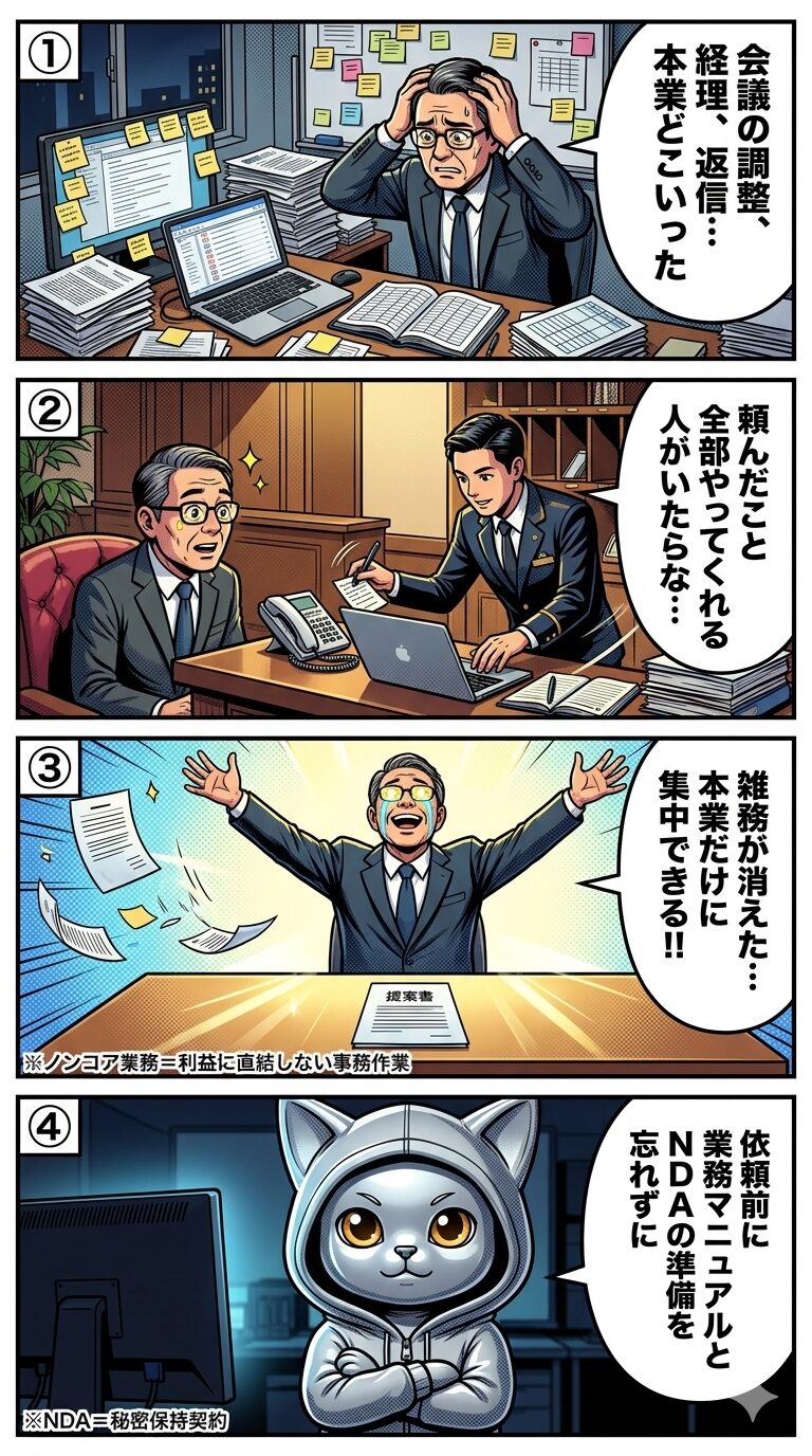 バーチャルアシスタントに経理・スケジュール調整・メール返信を任せた社長の机から雑務が消え、提案書1枚だけが残る様子を描いた4コマ漫画。ノンコア業務の外部委託でコア業務に集中できるまでをわかりやすく図解。