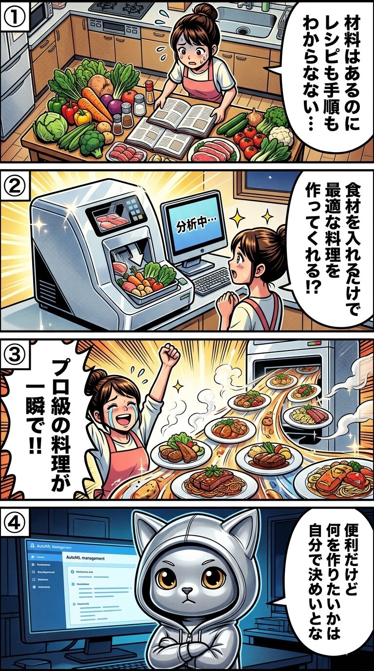 オートMLの仕組みを自動調理マシンに例えて解説する4コマ漫画。食材を入れるだけでプロ級の料理が完成する流れで、専門知識がなくてもAIモデルを構築できるオートMLの利点と注意点を表現している。