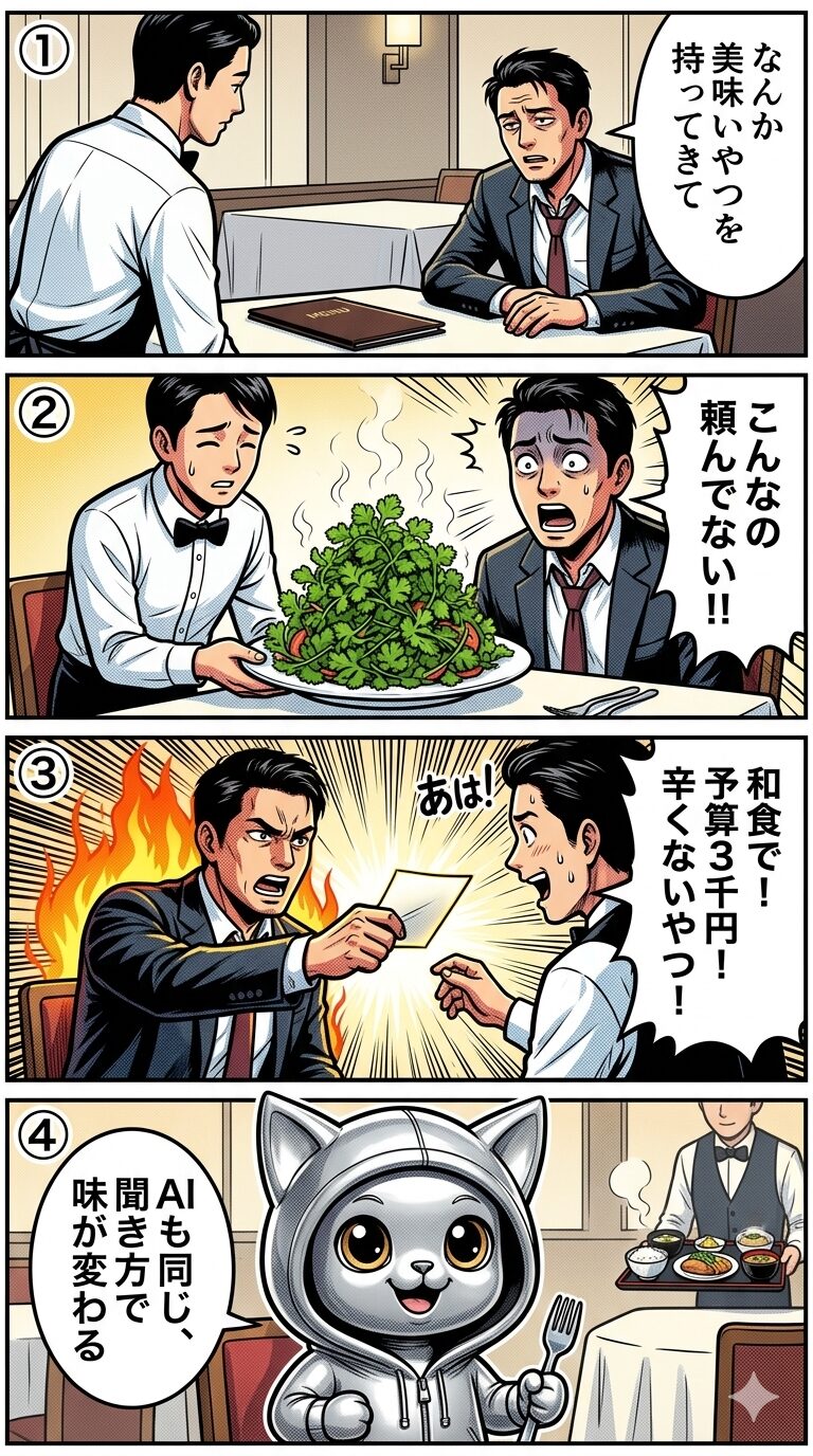 プロンプトエンジニアリングの重要性をレストランの注文に例えた4コマ漫画。曖昧な注文では期待外れの料理が出てくるが、条件を具体的に伝えると望みどおりの一皿が届く流れで、AIへの指示の出し方が結果を左右することを描いている。