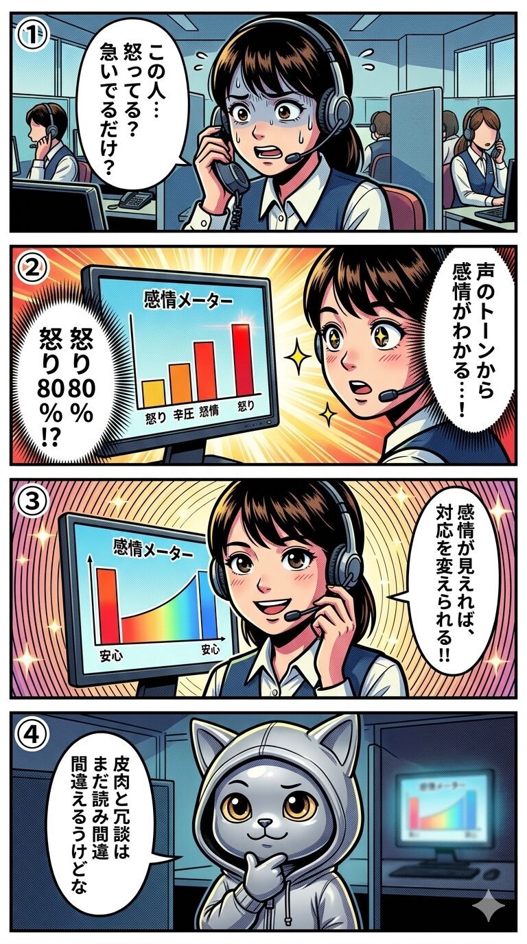 感情分析AIによるコールセンターの応対品質改善を描いた4コマ漫画。顧客の声のトーンから感情をリアルタイムで数値化し対応を最適化する流れを解説する